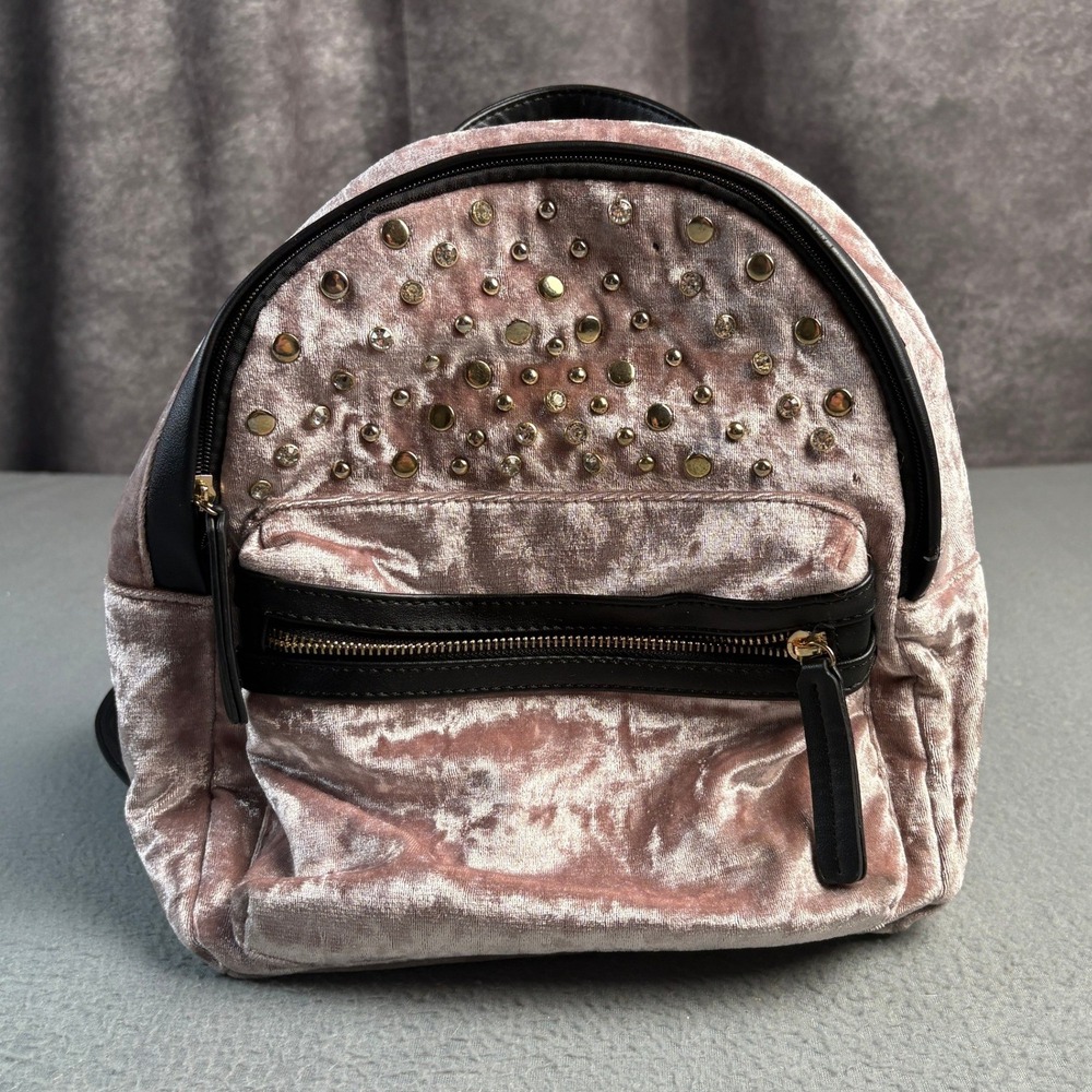 Blush Pink Crushed Velvet Mini Backpack Studded Rhinestone Gold Hardware Bag